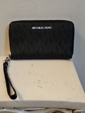 Michael Kors Black and Grey MK Logo Zip-Around Phone Wristlet